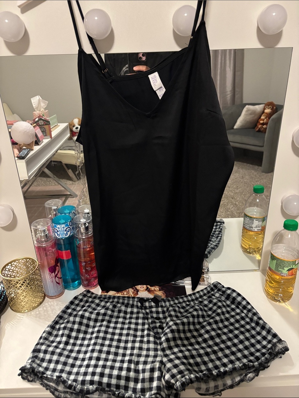 Medium women’s Black Satin Camisole Tank Top and Short pajama set
